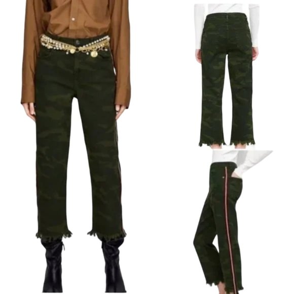 Zara Woman Camo Raw Fray Hem Crystal Embellished Crop Jean, Size 6 - Picture 5 of 9